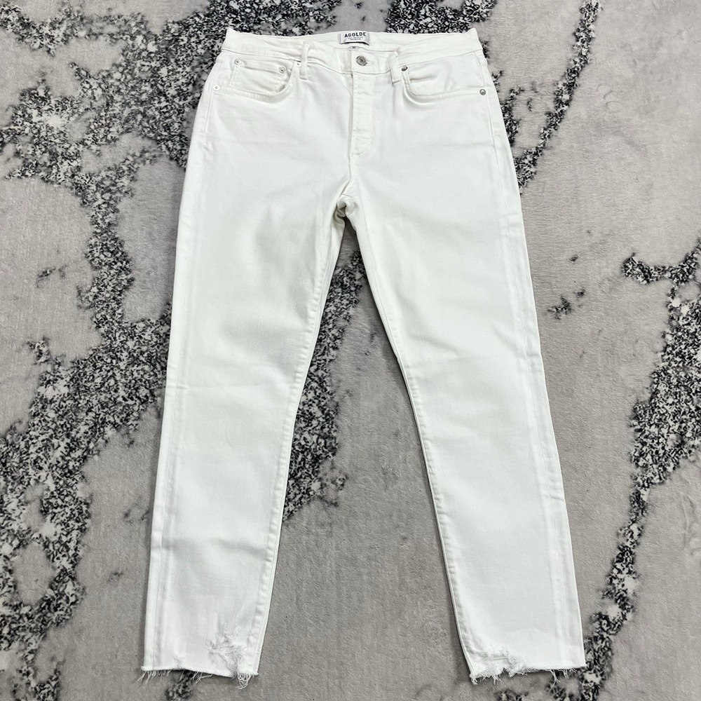 AGOLDE White Straight Leg Jeans Raw Hem High Rise Stretch Denim Size 30
